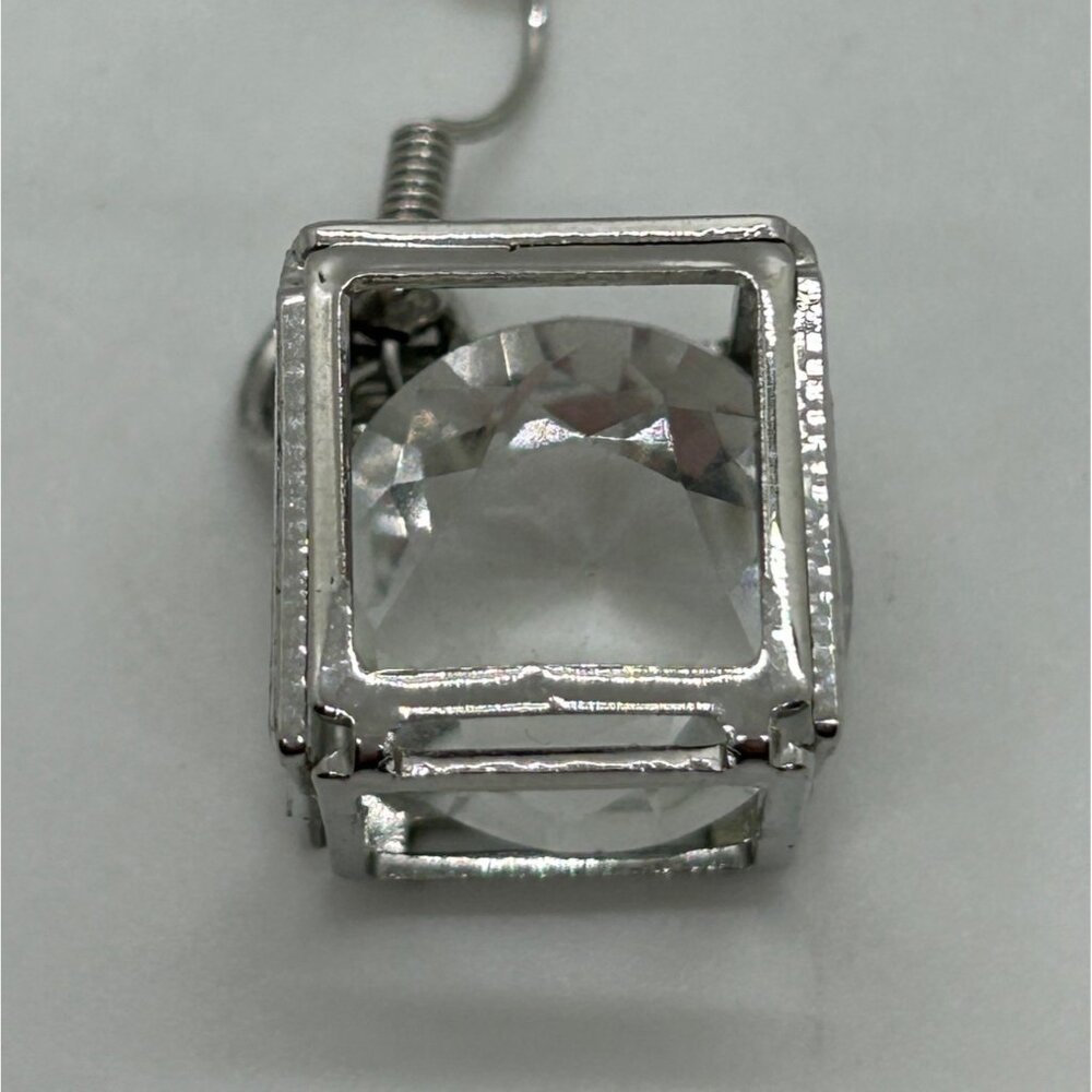 Silver-Tone Box Earrings Clear Rivoli Dangles Pierced Hooks Geometric - Picture 9 of 12